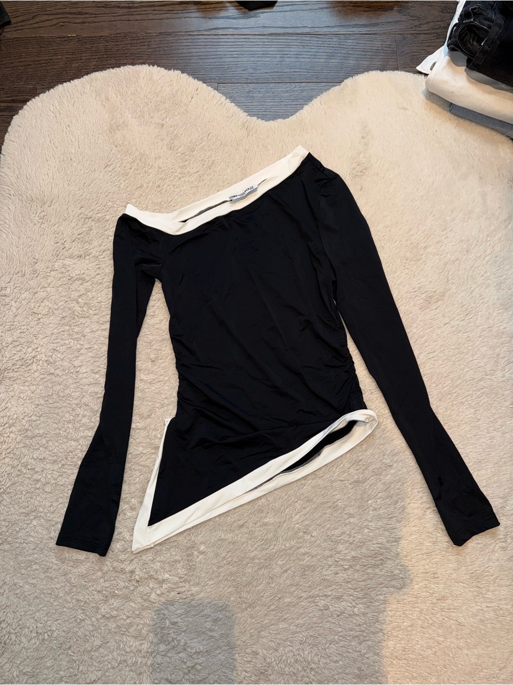Princess Polly Black Off-Shoulder Long Sleeve Top with White Trim